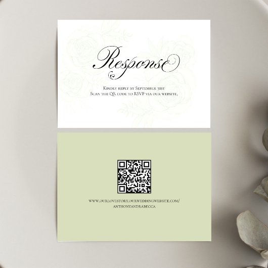 Sage Green Floral QR Code Wedding RSVP Script Karte