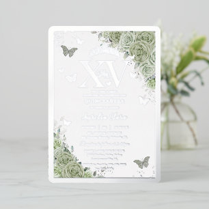 Sage Green Floral Quinceañera Butterfliegen Silver Folieneinladung