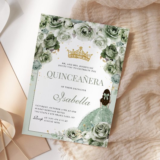 Sage Green Floral Quinceanera Mis Quince Anos Einladung