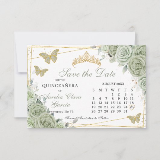 Sage Green Floral Quinceanera Sweet 16 Kalender Save The Date (Vorderseite)