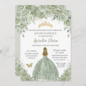 Sage Green Floral Rose Blonde Girl Quinceañera Einladung (Vorne/Hinten)