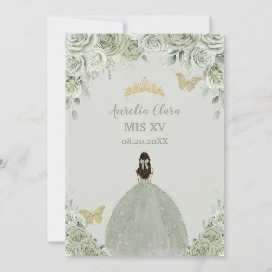 Sage Green Floral Rose Princess Gold Quinceañera Einladung (Rückseite)