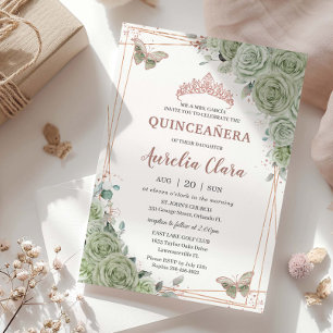 Sage Green Floral Rosen Gold Quinceñera Geburtstag Einladung