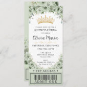 Sage Green Floral Rosen Gold Quinceñera VIP Ticket Einladung (Vorne/Hinten)