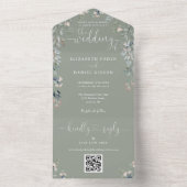 Sage Green Floral Script Hearts QR Code Hochzeit All In One Einladung (Innen Boden)
