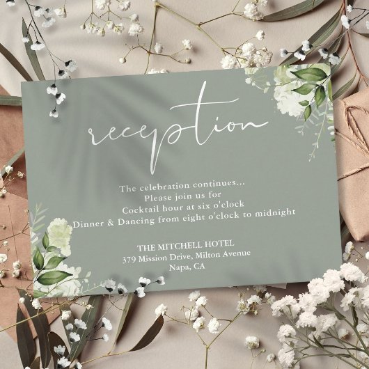 Sage Green Floral Script Hochzeitsempfang Begleitkarte