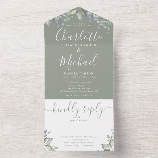 Sage Green Floral Script Monogram Wedding All In One Einladung (Innen Boden)