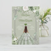 Sage Green Floral Silver Crown Mis Quince 15 Anos Einladung (Stehend Vorderseite)