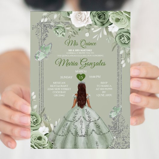 Sage Green Floral Silver Crown Mis Quince 15 Anos Einladung