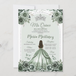 Sage Green Floral Silver Crown Princess Mis Quince Einladung