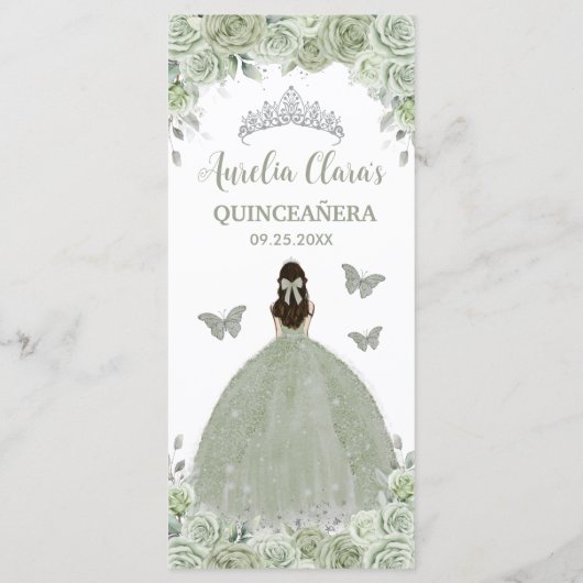 Sage Green Floral Silver Quinceñera 16 Slim Menü Programm (Rückseite)