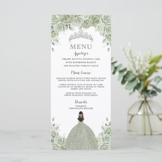 Sage Green Floral Silver Quinceñera 16 Slim Menü Programm (Stehend Vorderseite)