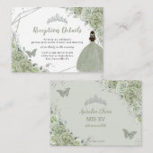 Sage Green Floral Silver Quinceñera Empfang Begleitkarte (Vorne/Hinten)