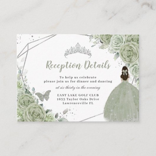 Sage Green Floral Silver Quinceñera Empfang Begleitkarte (Vorderseite)