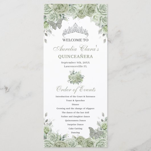 Sage Green Floral Silver Quinceñera Orderveranstal Programm (Vorderseite)