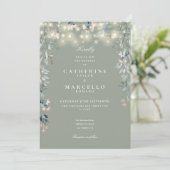Sage Green Floral String Lights Foto Hochzeit Einladung (Stehend Vorderseite)