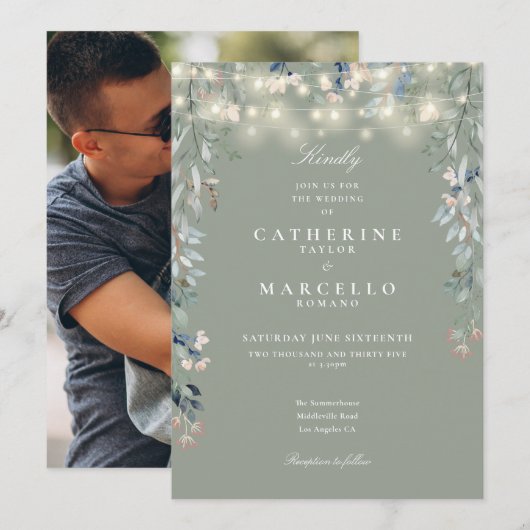 Sage Green Floral String Lights Foto Hochzeit Einladung (Vorne/Hinten)