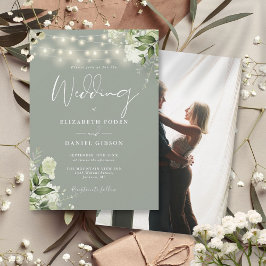 Sage Green Floral String Lights Foto Hochzeit Einladung