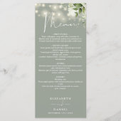 Sage Green Floral String Lights Hochzeitsessen Menükarte (Vorderseite)