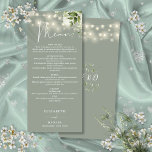 Sage Green Floral String Lights Hochzeitsessen Menükarte<br><div class="desc">Dieses elegante Salbei Grün mit Blumenstrauß-Lichtern Hochzeitsmenü kann mit Ihren Informationen in der schicken Typografie personalisiert werden,  mit Ihren Monogramm-Initialen auf der Rückseite. Entwickelt von Thisisnotme©</div>