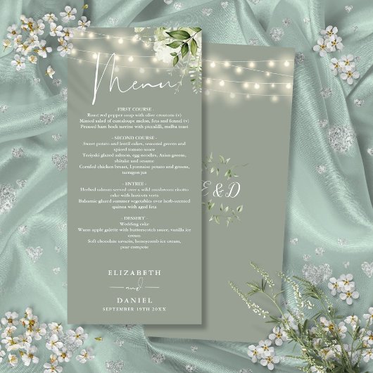 Sage Green Floral String Lights Hochzeitsessen Menükarte