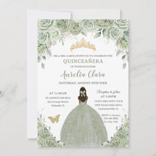 Sage Green Floral Tan Brown Princess Quinceañera Einladung (Vorderseite)