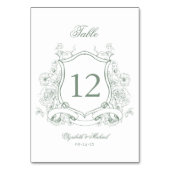 Sage Green Floral Wappen Elegante Viktorianische H Tischnummer (Vorderseite)