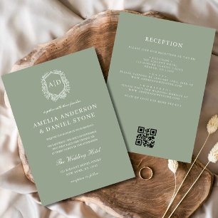 Sage Green Floral Wappen Monogram Wedding QR Code Einladung
