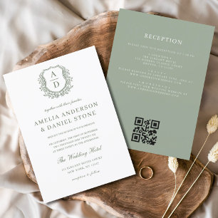 Sage Green Floral Wappen Monogram Wedding QR Code Einladung