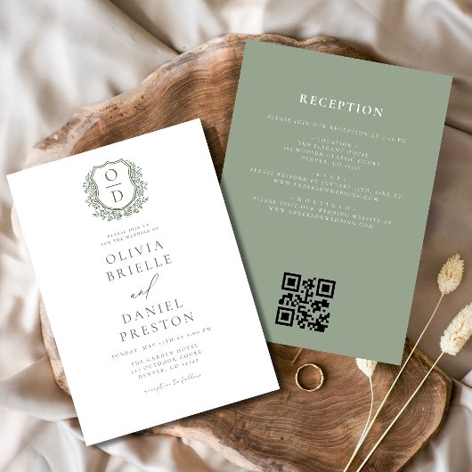 Sage Green Floral Wappen Monogram Wedding QR Code Einladung