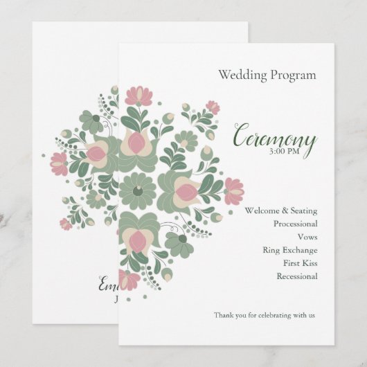 Sage Green Floral Wedding Ceremony Flat Program Programm (Vorne/Hinten)