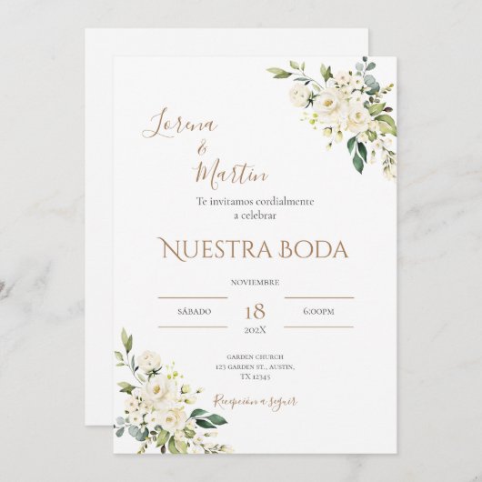 Sage Green Floral wedding invitation in Spanish Einladung (Vorne/Hinten)