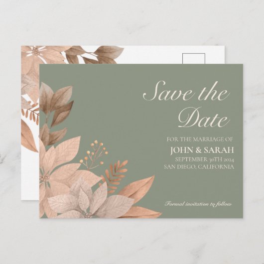 Sage Green Floral Wedding Save the Date Postcard Ankündigungspostkarte (Vorne/Hinten)