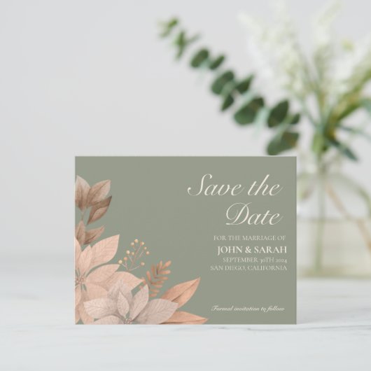 Sage Green Floral Wedding Save the Date Postcard Ankündigungspostkarte (Stehend Vorderseite)