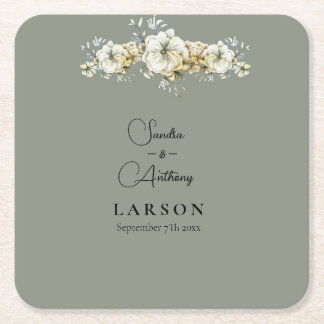 Sage Green Floral Wedding Square Paper Coaster Rechteckiger Pappuntersetzer