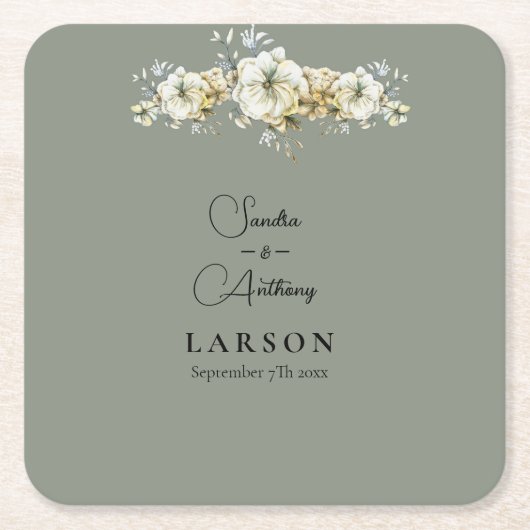 Sage Green Floral Wedding Square Paper Coaster Rechteckiger Pappuntersetzer (Vorderseite)