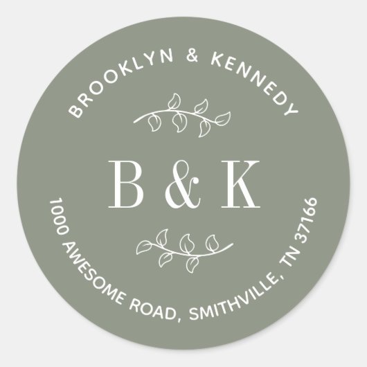 Sage Green Floral Wedle Couple Rücksendeadresse Runder Aufkleber (Vorderseite)