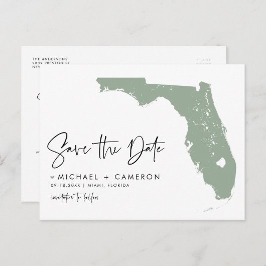 Sage Green Florida Map Modern Script Save the Date Ankündigungspostkarte (Vorne/Hinten)