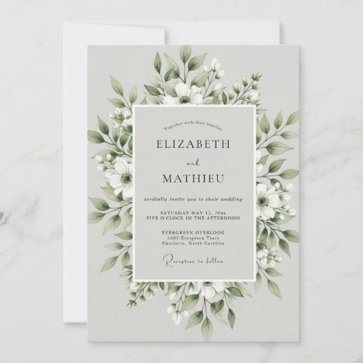 Sage Green Foliage Bloom Wedding Einladung (Vorderseite)