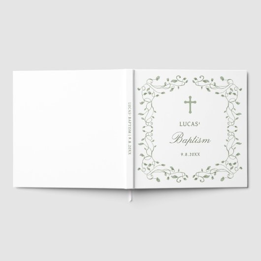 Sage Green Foliage Frame Baptism Gästebuch (Voll)