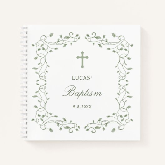 Sage Green Foliage Frame Baptism Guest Book Notizblock (Vorderseite)