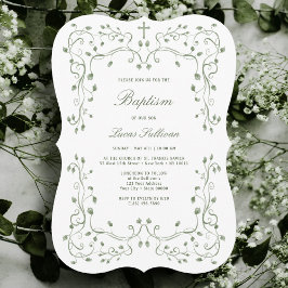Sage Green Foliage Frame Baptism Invitation Einladung