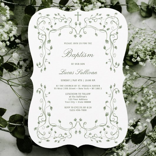 Sage Green Foliage Frame Baptism Invitation Einladung