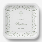 Sage Green Foliage Frame Baptism Pappteller (Vorderseite)