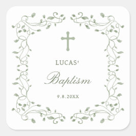 Sage Green Foliage Frame Baptism Quadratischer Aufkleber