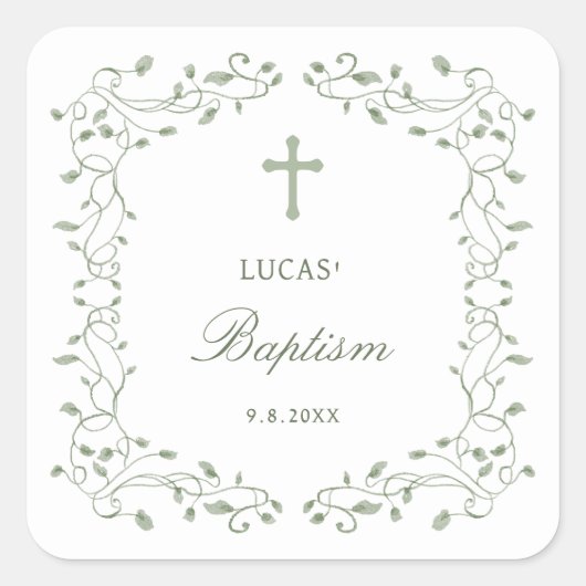 Sage Green Foliage Frame Baptism Quadratischer Aufkleber (Vorderseite)