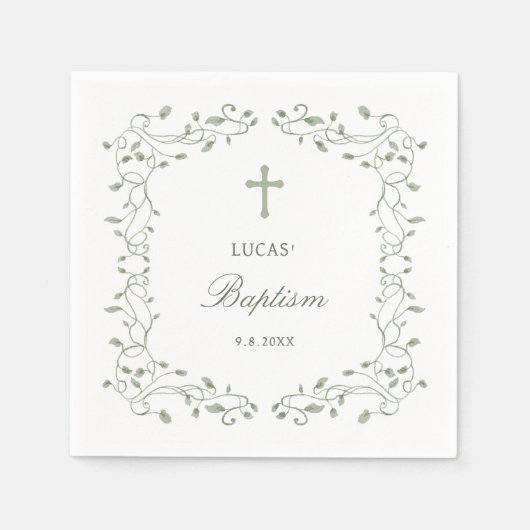 Sage Green Foliage Frame Baptism Serviette (Vorderseite)