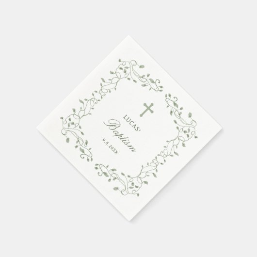 Sage Green Foliage Frame Baptism Serviette (Ecke)