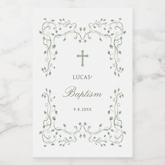 Sage Green Foliage Frame Baptism Small Weinetikett (Einzelnes Label)