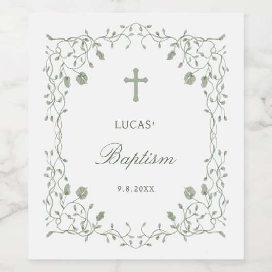 Sage Green Foliage Frame Baptism Weinetikett (Einzelnes Label)